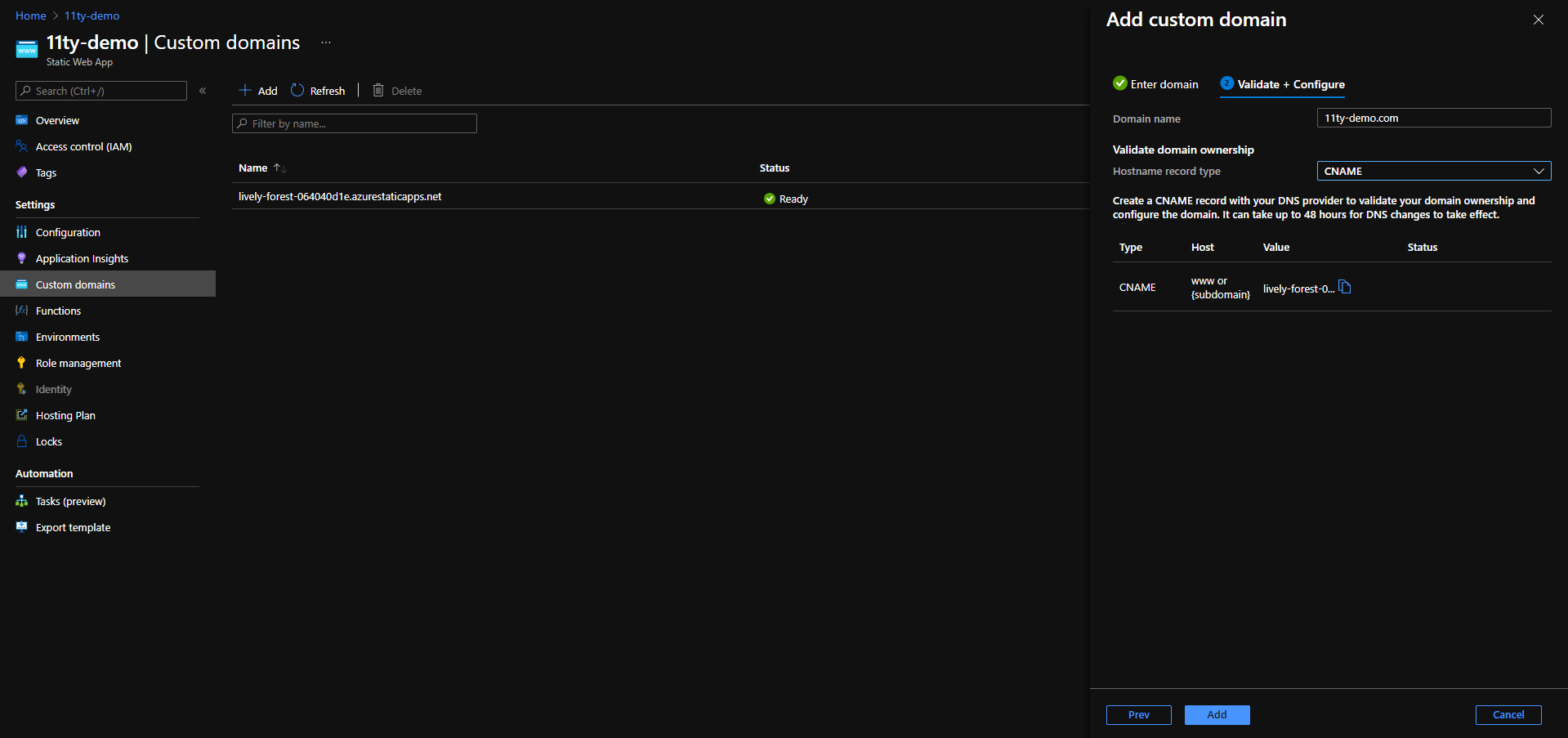 Custom domains configuration screenshot from the Azure Portal